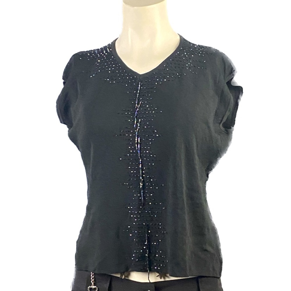 Festive V Neck Sleeveless Top w/Multi Pastel Beaded Detail on Front Sz L/XL